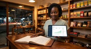 A female business owner standing in a retail shop holding a digital tablet displaying an inventory management dashboard, with an open manual ledger on the counter, symbolizing the transition from traditional to modern inventory tracking.