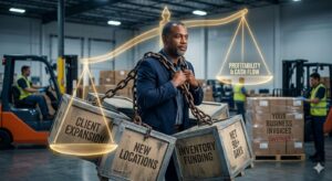 Supplier struggling under chains and heavy crates labeled with client expansion and net 90 days.