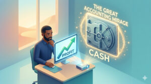 Business owner viewing profit on computer illustrating the great accounting mirage and cash flow illusion