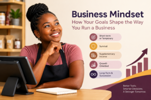 Business mindset and growth strategies illustrated with a businesswoman and five business goals.